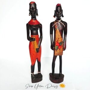 African Maasai Couple Warriors Man Woman Handmade Carved Wood Sculptures M1290